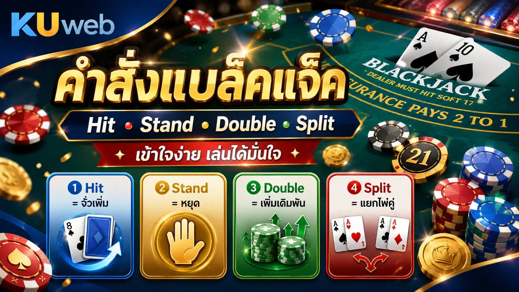 คำสั่ง Hit Stand Double และ Split ในเกมแบล็คแจ็ค