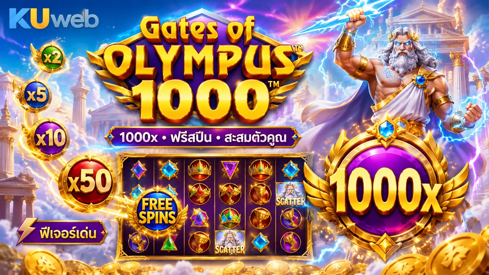 ตัวคูณ 1000x ฟรีสปิน และระบบสะสมตัวคูณ Gates of Olympus 1000