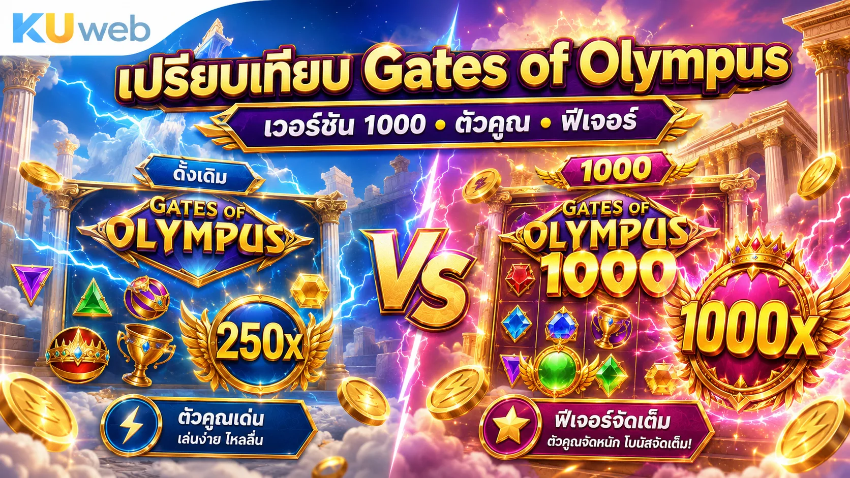 เปรียบเทียบ Gates of Olympus กับเวอร์ชัน 1000 ตัวคูณและฟีเจอร์