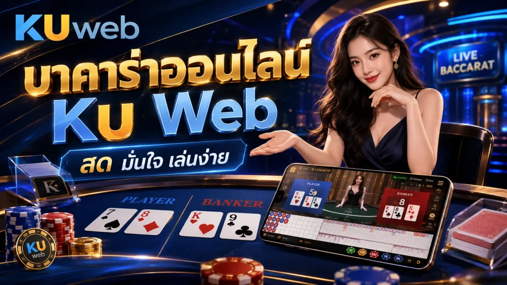 แบนเนอร์บาคาร่าออนไลน์ Ku Web พร้อมโต๊ะบาคาร่า ไพ่ Player Banker และหน้าจอคาสิโนสด
