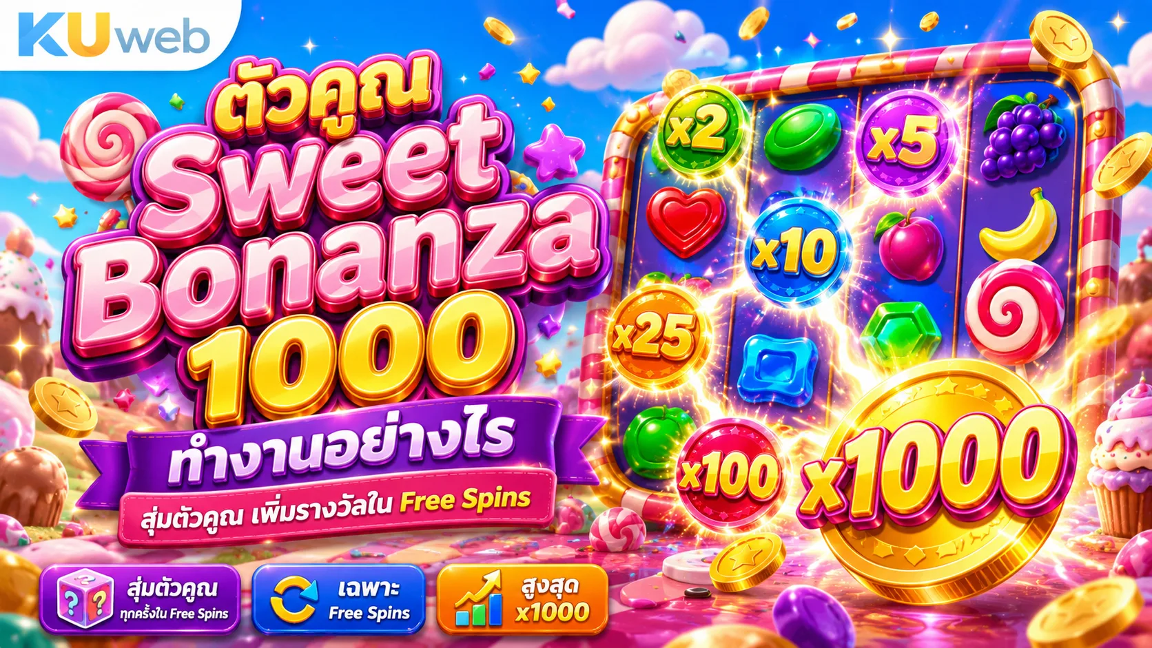 Candy Bomb ตัวคูณสูงสุด 1000x และฟรีสปิน Sweet Bonanza 1000
